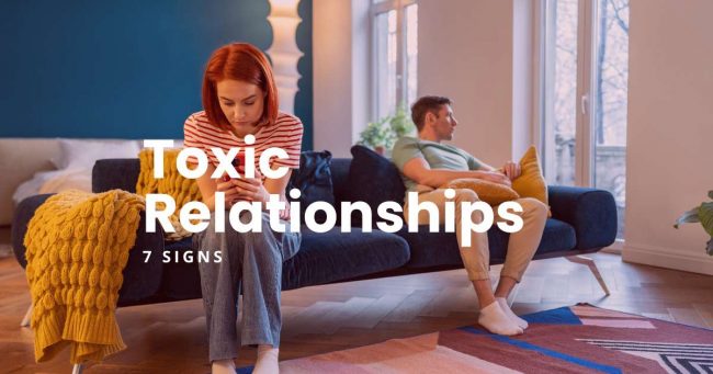 7 Toxic Relationship Signs - featured image. A couple sitting on a blue sofa with a yellow throw blanket, The man is on the far right, looing out through a glass door and the woman on the left, busy on her phone.