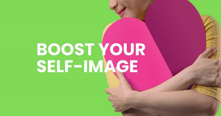 Featured article image. White writing says, boost your self-image. Neon green background and foreground with woman in yellow top hugging a two tone large pink heart.