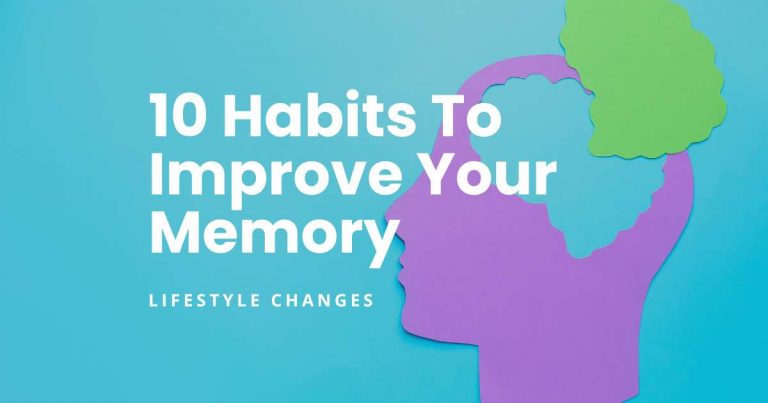 10 Habits To Improve Your Memory - featured blog image. Blue background with a purple silhouette side profile of a face, with a brain section cut out. The brain section cut out is replicated in a light green and placed slightly above the section.