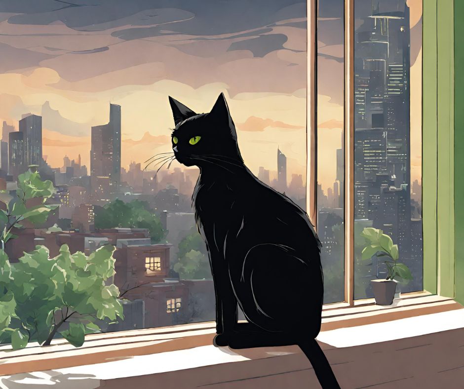 Example image for Alt-text descriptions, of an illustrated black cat with green eyes sitting on a windowsill overlooking a cityscape.