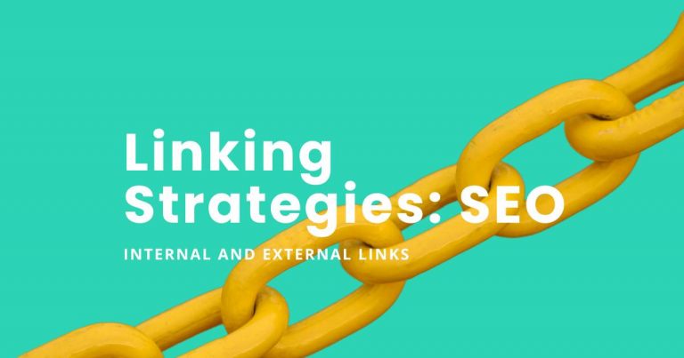 Internal and External Links, SEO. Blog Article featured image. Strong cyan - lime green background with yellow link chain across.