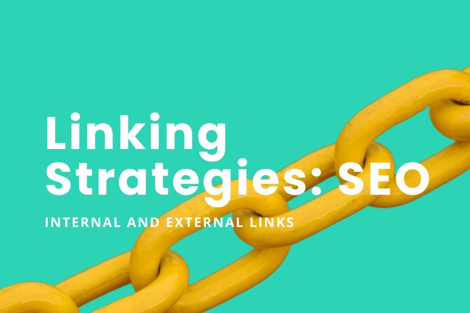 Internal and External Links, SEO. Blog Article featured image. Strong cyan - lime green background with yellow link chain across.