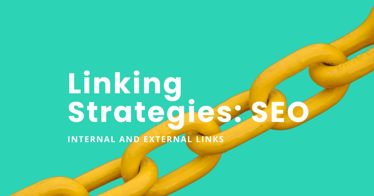 Internal and External Links, SEO. Blog Article featured image. Strong cyan - lime green background with yellow link chain across.